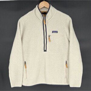 Patagonia Women's Retro Pile Fleece Marsupial Pullover L Cream Navy Outdoor